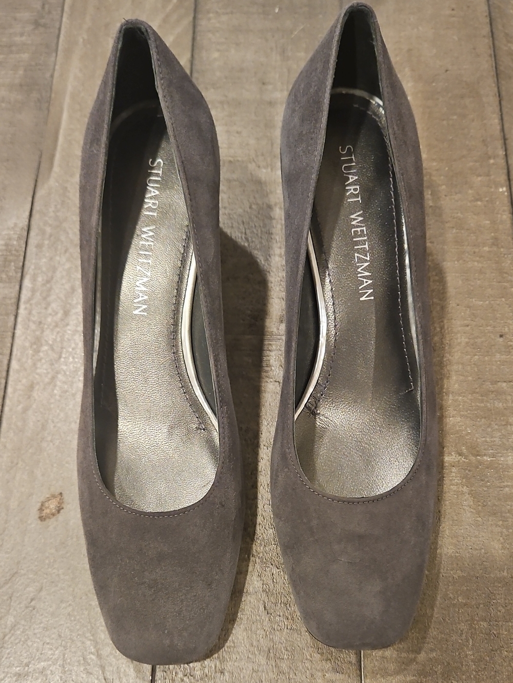 Stuart Weitzman Marymid Gray Suede Square Toe Block Heel Pumps Size 8